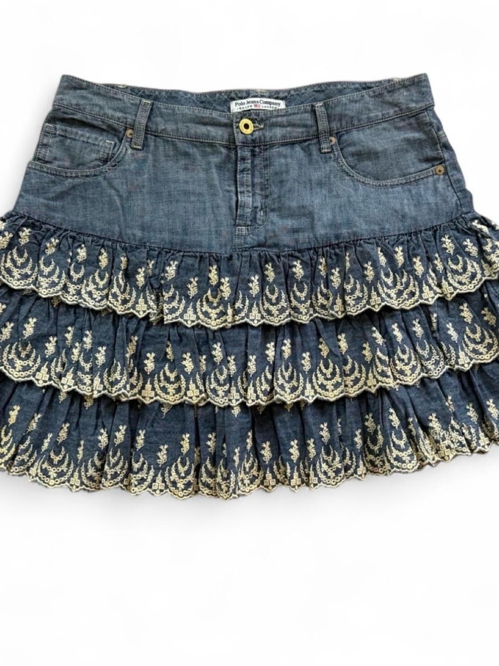 Polo by Ralph Lauren Blue Denim Tiered Mini Skirt with Cream Embroidery